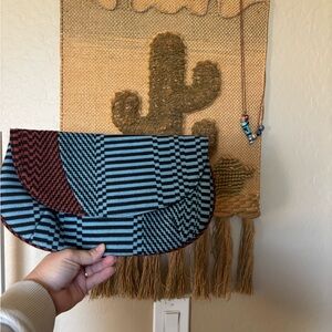 Vintage Kim white Striped Clutch with Red and Blue Pattern